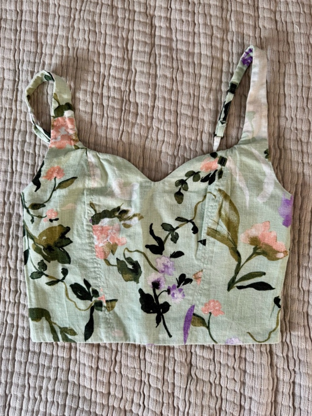 Abercrombie Linen Blend Green Floral Crop Tank - XXS